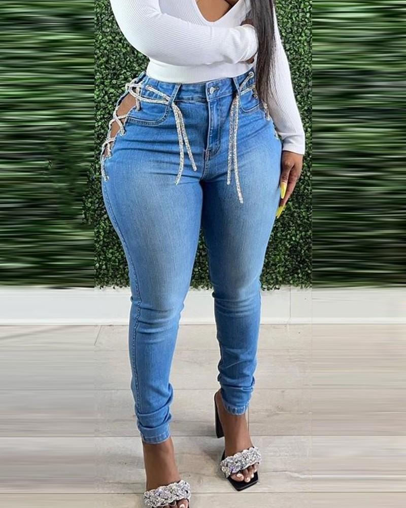 Lace-up Solid Color Skinny Jean Pants