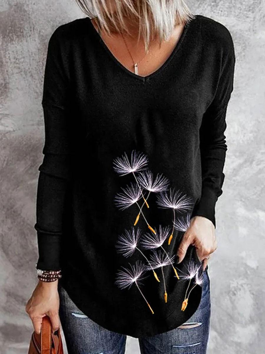 Fashion V-neck Dandelion Print Long-sleeved Casual T-shirt