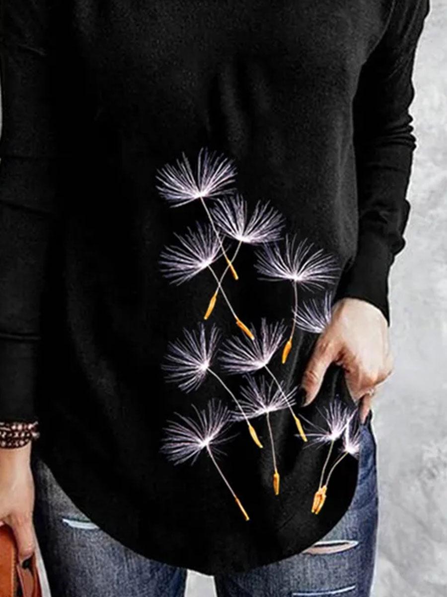 Fashion V-neck Dandelion Print Long-sleeved Casual T-shirt