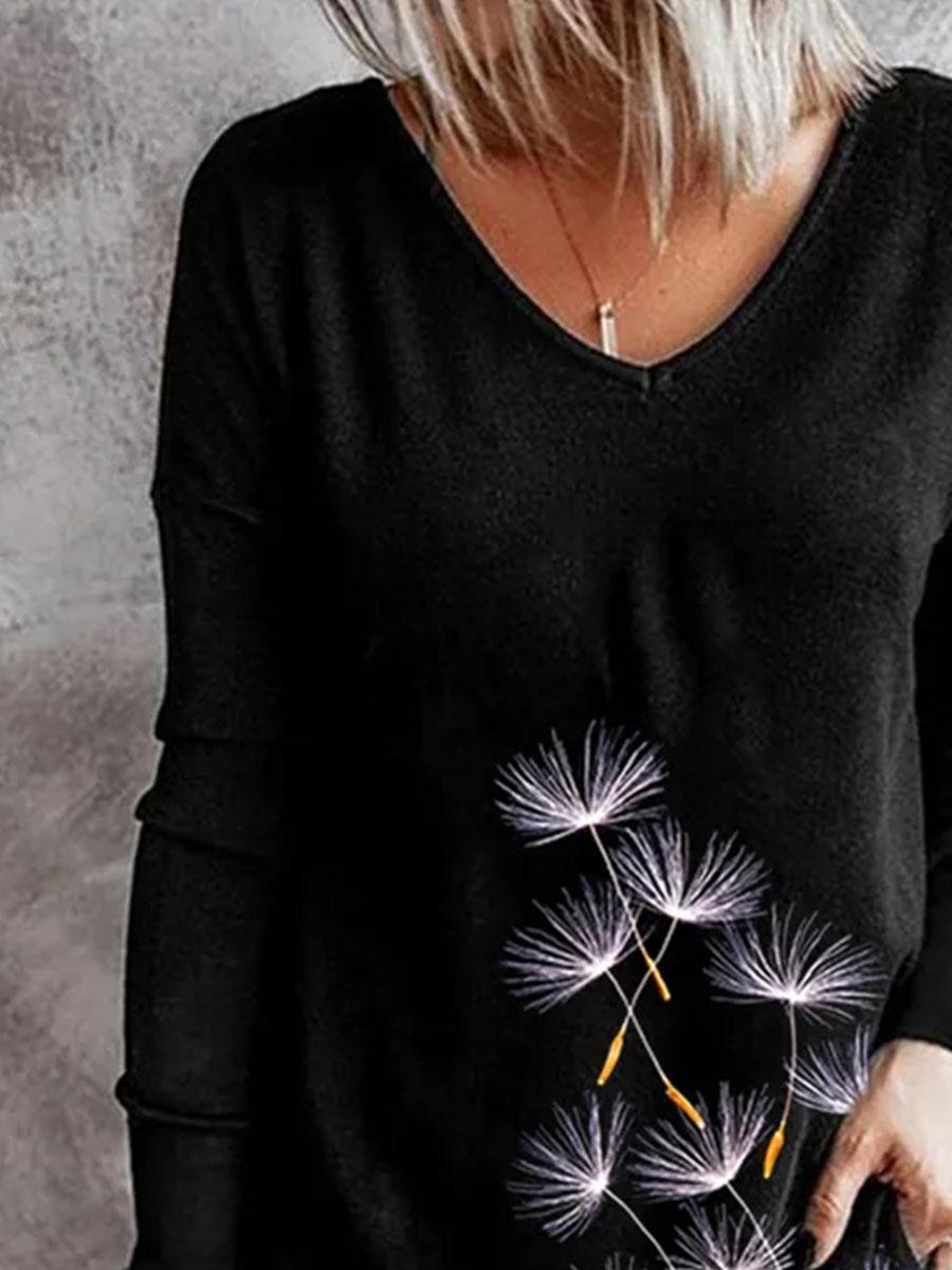 Fashion V-neck Dandelion Print Long-sleeved Casual T-shirt
