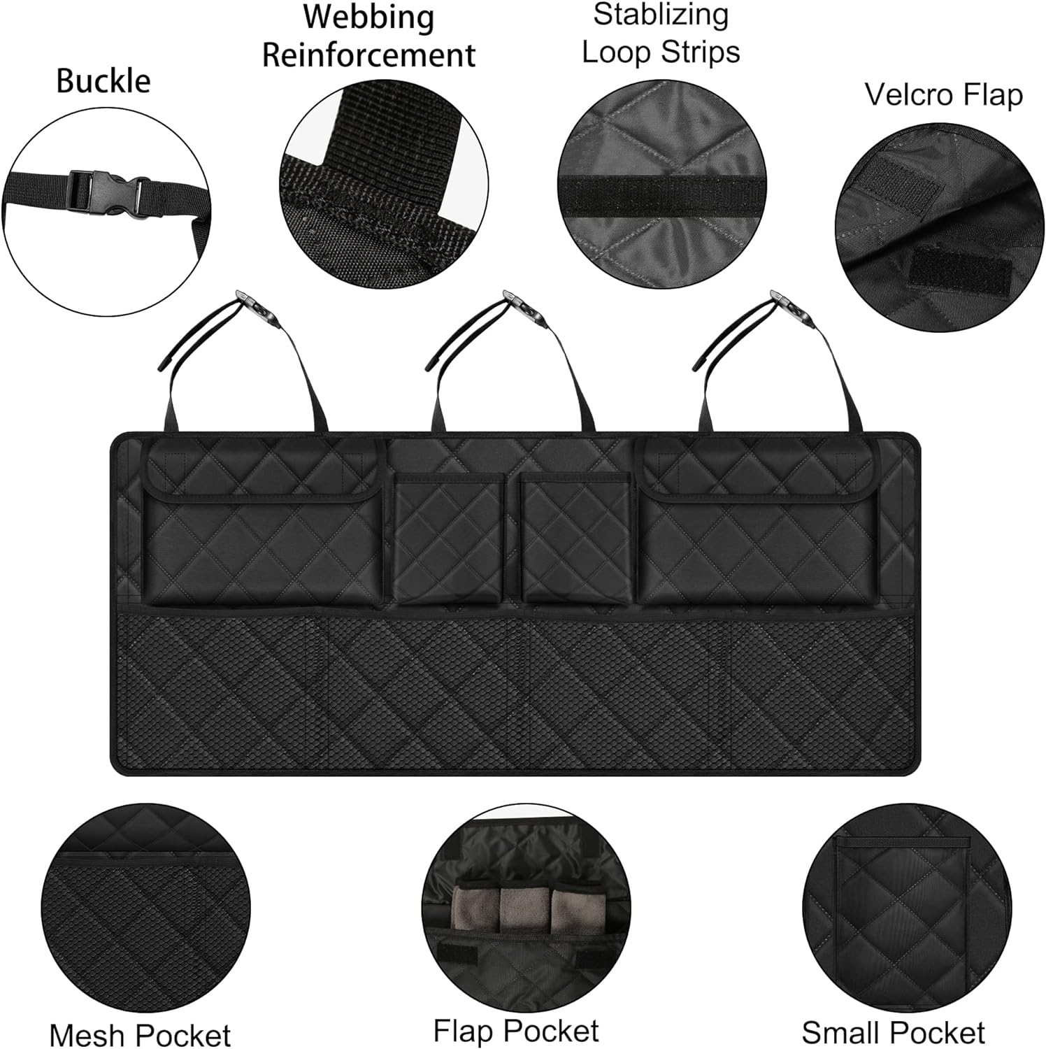 Femuar Car Trunk Organizer,Large Capacity Backseat Trunk Organizer(42"*18"),Collapsible Car Storage Bag with 8 Pocekt,Car Organizer for SUV/MPV/Truck - Black