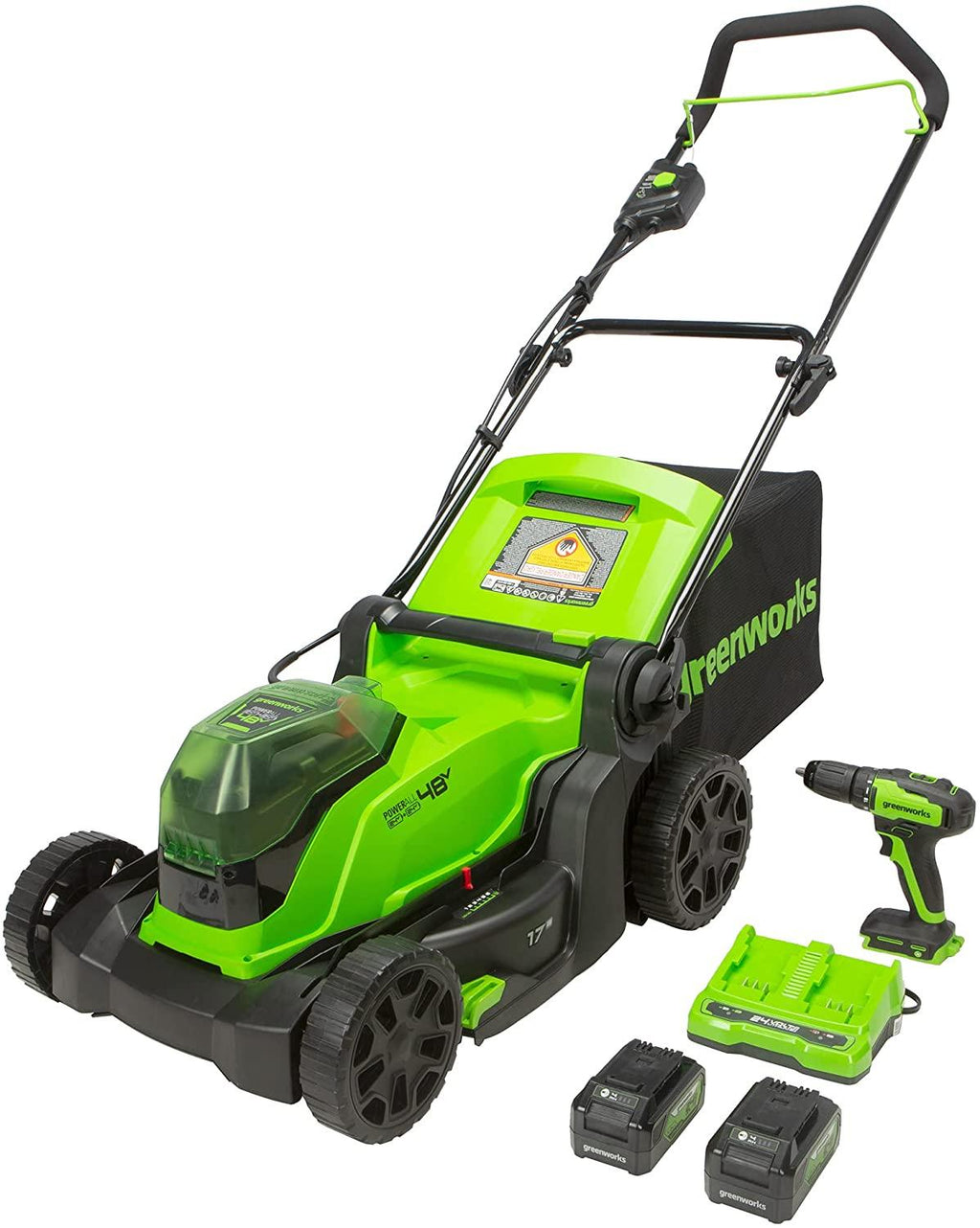 Greenworks 48V 17" Brushless Cordless Lawn Mower + 24V Brushless Drill / Driver, (2) 4.0Ah USB Batteries (USB Hub) and Dual Port Rapid Charger Included (2 x 24V)