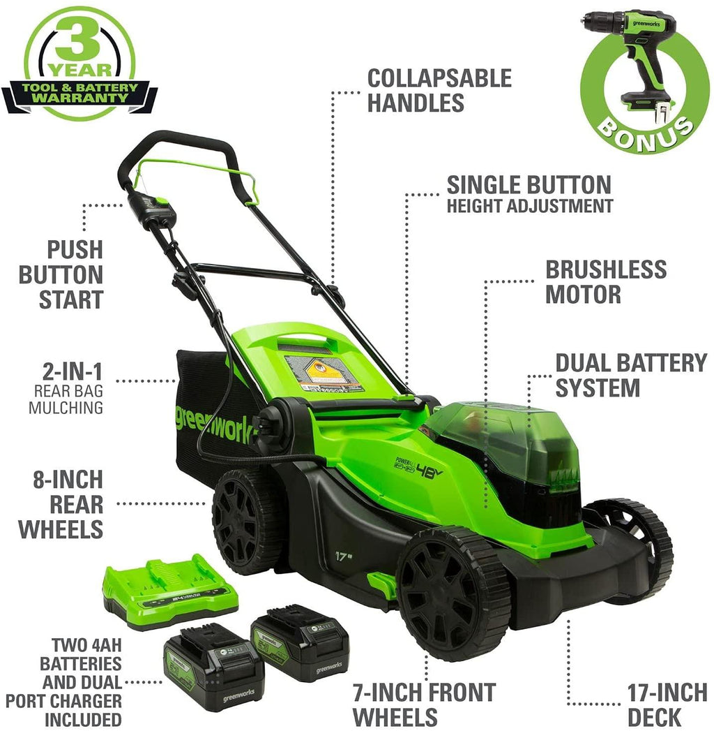 Greenworks 48V 17" Brushless Cordless Lawn Mower + 24V Brushless Drill / Driver, (2) 4.0Ah USB Batteries (USB Hub) and Dual Port Rapid Charger Included (2 x 24V)