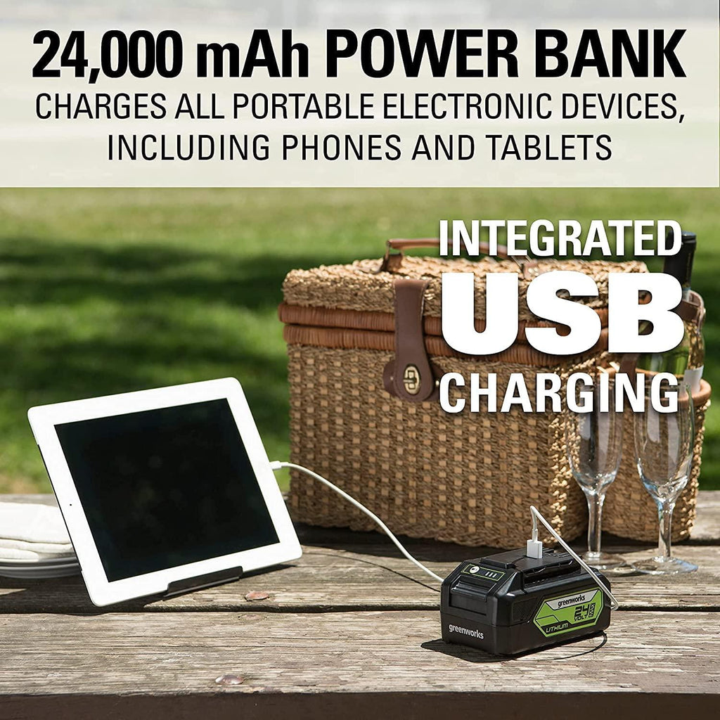 Greenworks 48V 17" Brushless Cordless Lawn Mower + 24V Brushless Drill / Driver, (2) 4.0Ah USB Batteries (USB Hub) and Dual Port Rapid Charger Included (2 x 24V)