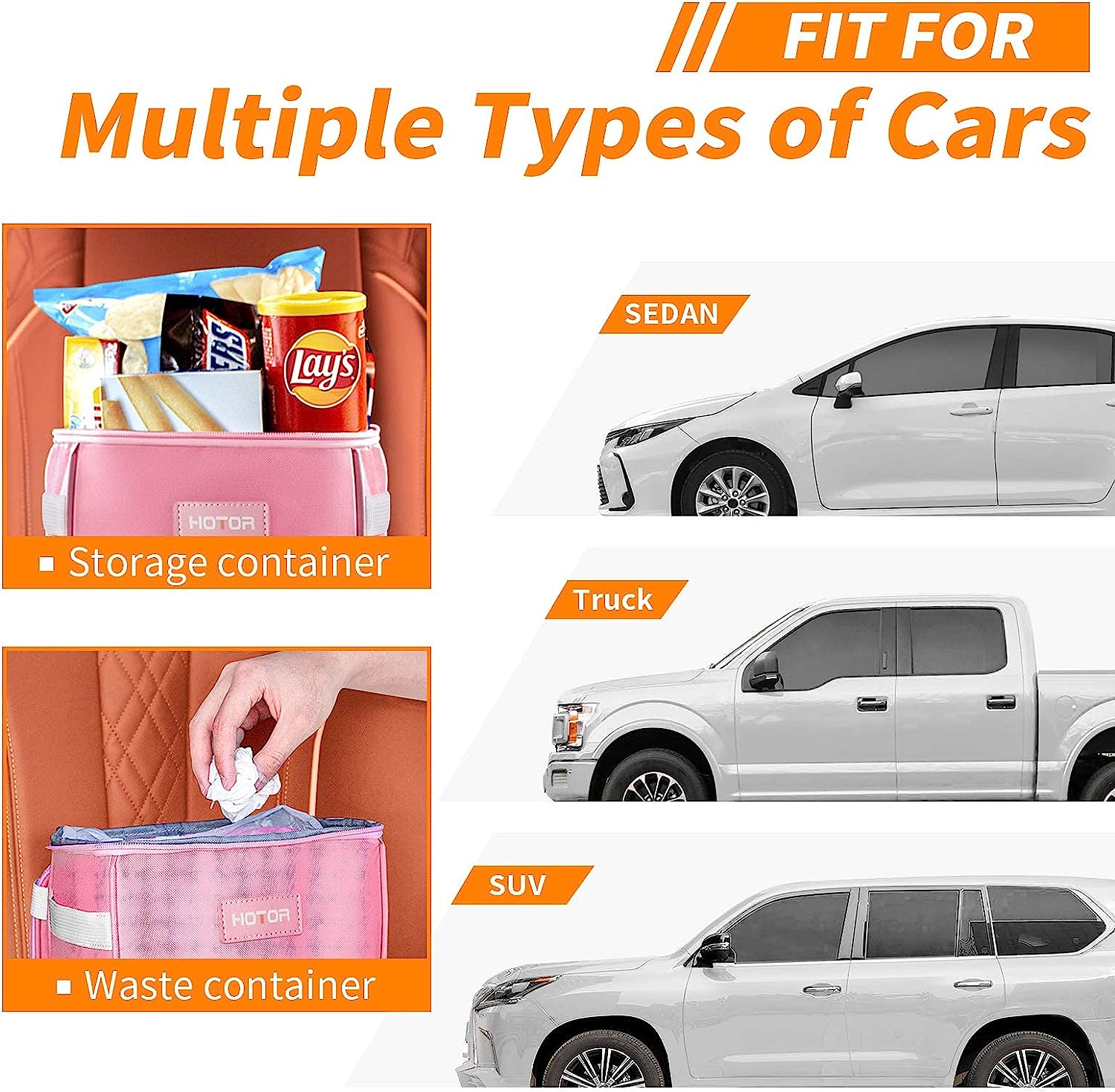 HOTOR Car Trash Can with Lid and Storage Pockets, 100% Leak-Proof Car Organizer, Waterproof Car Garbage Can, Multipurpose Trash Bin for Car - Pink