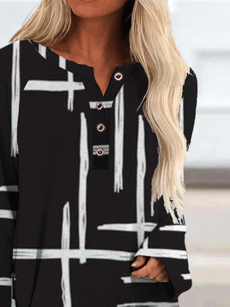 Fashion Check Printed Long Sleeve Small V-neck T-shirt