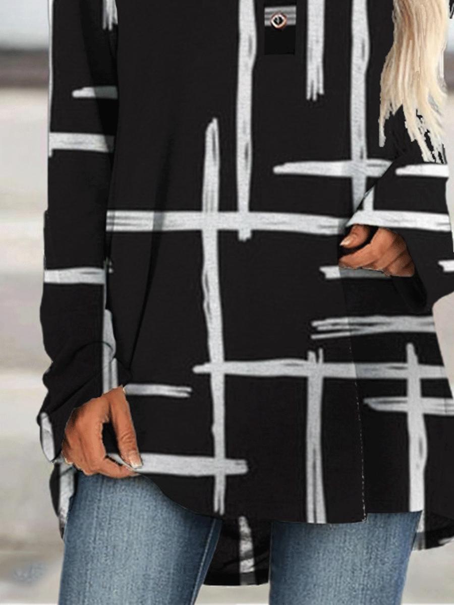 Fashion Check Printed Long Sleeve Small V-neck T-shirt