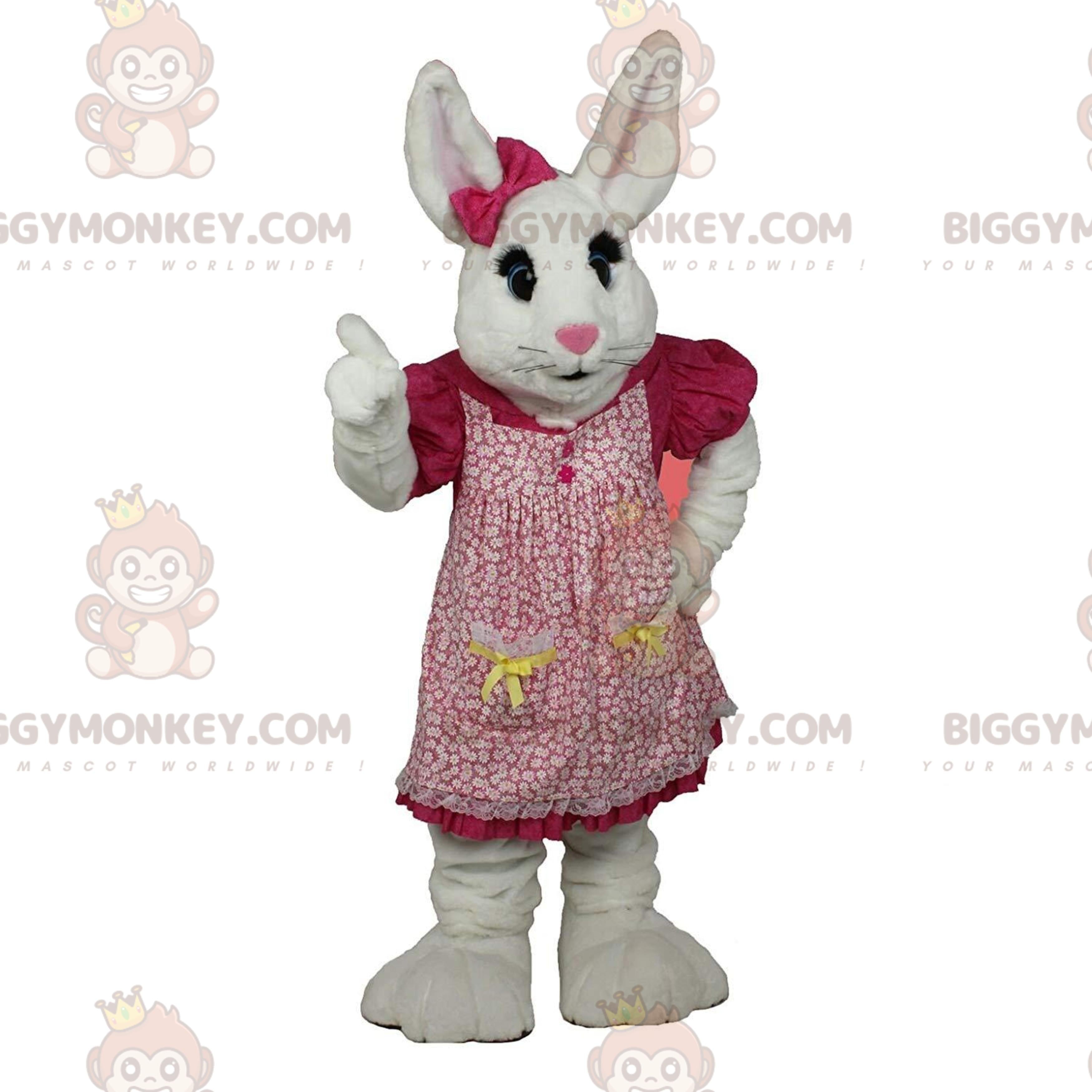 BIGGYMONKEYmascot costume white rabbit with pink dress, bunny costume