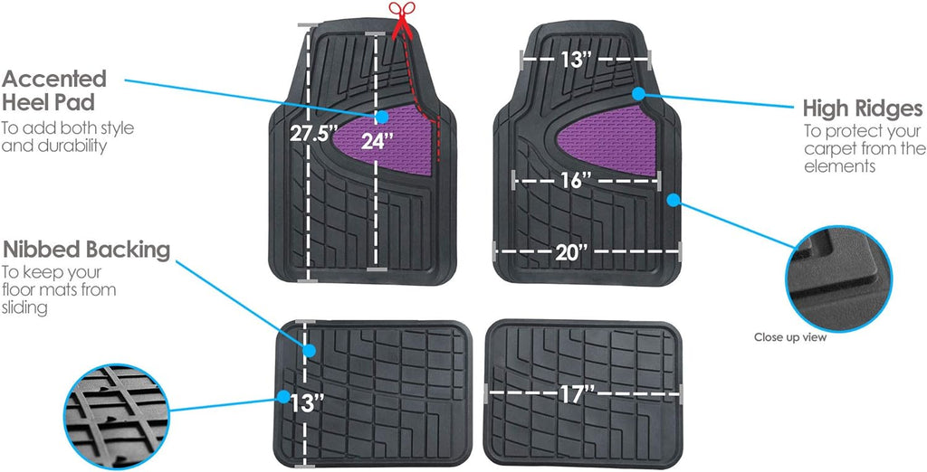 FH Group Automotive Floor Mats - Heavy-Duty Rubber Floor Mats for Cars, Universal Fit Full Set, Climaproof Floor Mats, Trimmable Floor Mats for Most Sedan, SUV, Truck Floor Mats Purple