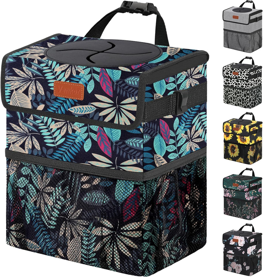 Vankor Trash Can for Car, Trash Bag Bin Hanging Waterproof Automotive Leak Proof Vehicle Garbage Cans Colorful Leaves