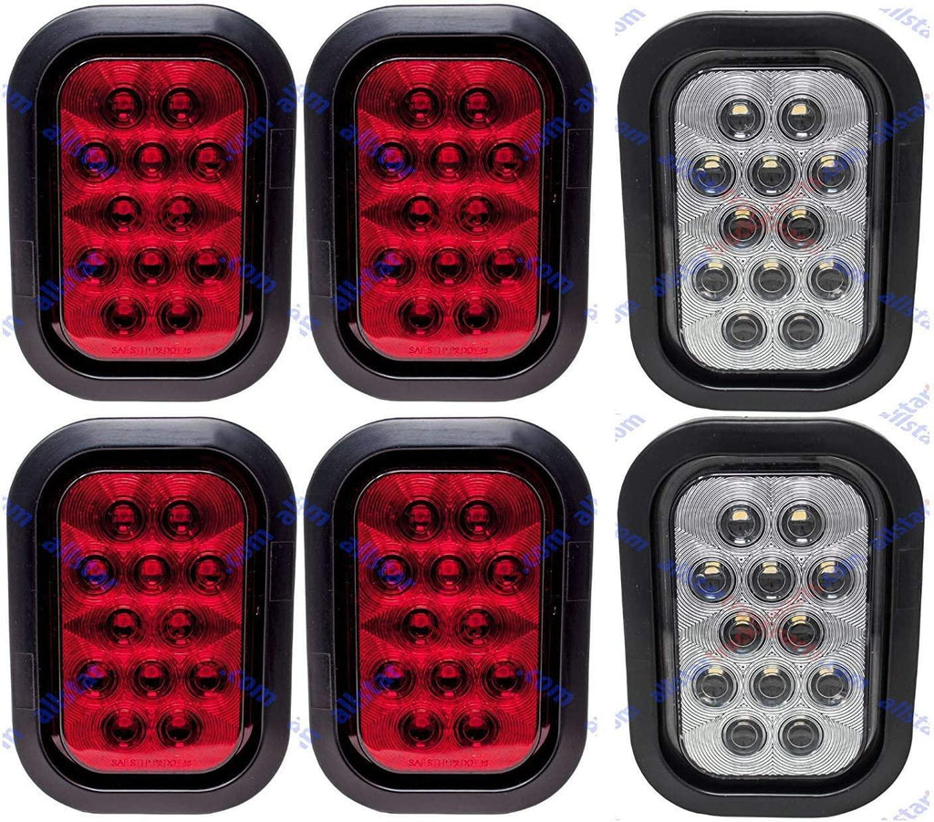 [ALL STAR TRUCK PARTS] 5x3" 4x Red 2xWhite Rectangle 12 LED Stop/Turn/Tail & Backup/Reverse Truck Trailer Hitch Light Grommet & 3 Wire Pigtail Plug Kit