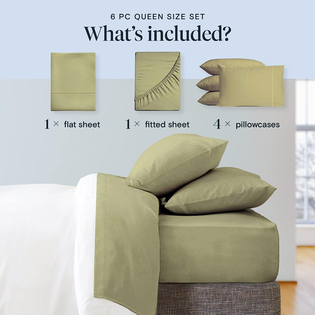LuxClub 6 PC California King Size Sheet Set Bamboo Sheets Deep Pockets 18" Eco Friendly Wrinkle Free Cooling Sheets Machine Washable Hotel Bedding Silky Soft - Olive California King