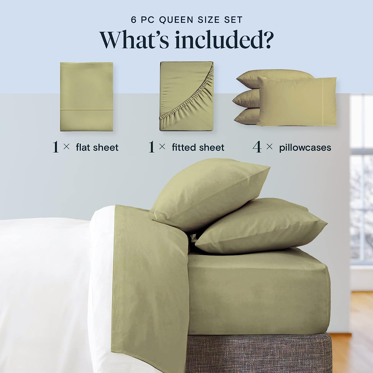 LuxClub 6 PC California King Size Sheet Set Bamboo Sheets Deep Pockets 18" Eco Friendly Wrinkle Free Cooling Sheets Machine Washable Hotel Bedding Silky Soft - Olive California King
