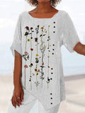 Cotton And Linen Flower Print Decorative Button Round Neck Short-sleeved Blouse
