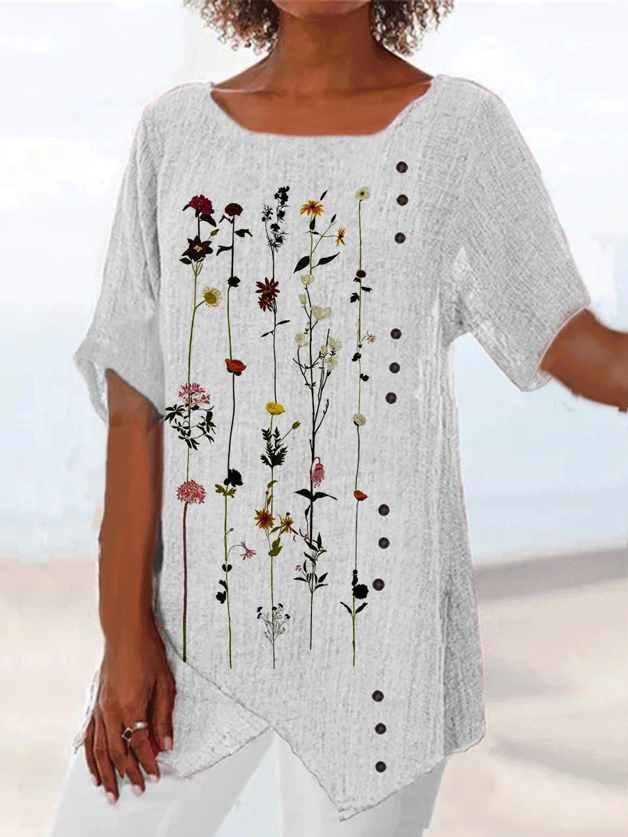 Cotton And Linen Flower Print Decorative Button Round Neck Short-sleeved Blouse