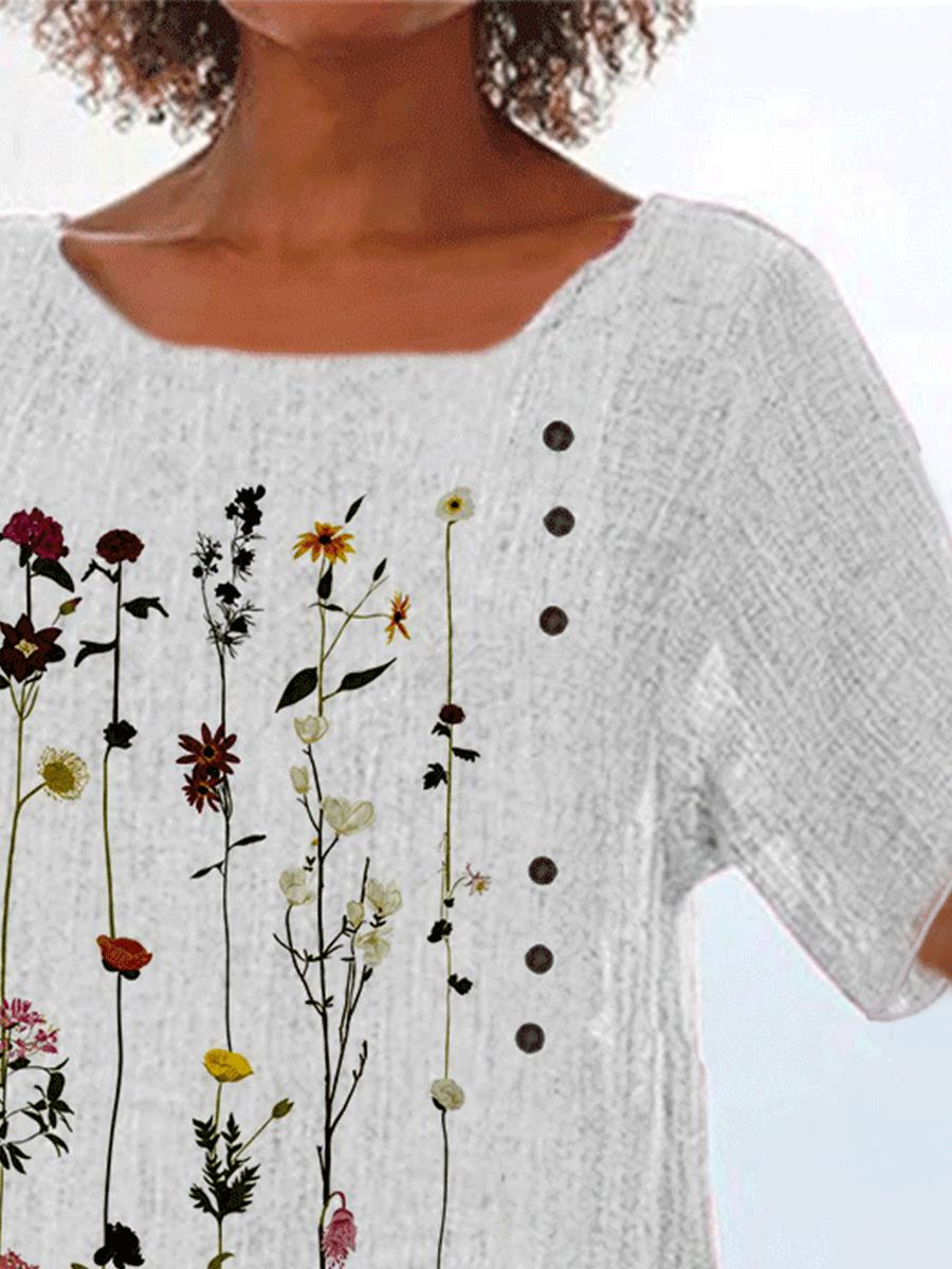 Cotton And Linen Flower Print Decorative Button Round Neck Short-sleeved Blouse