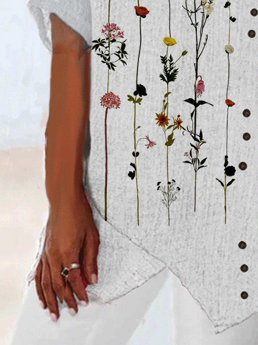 Cotton And Linen Flower Print Decorative Button Round Neck Short-sleeved Blouse