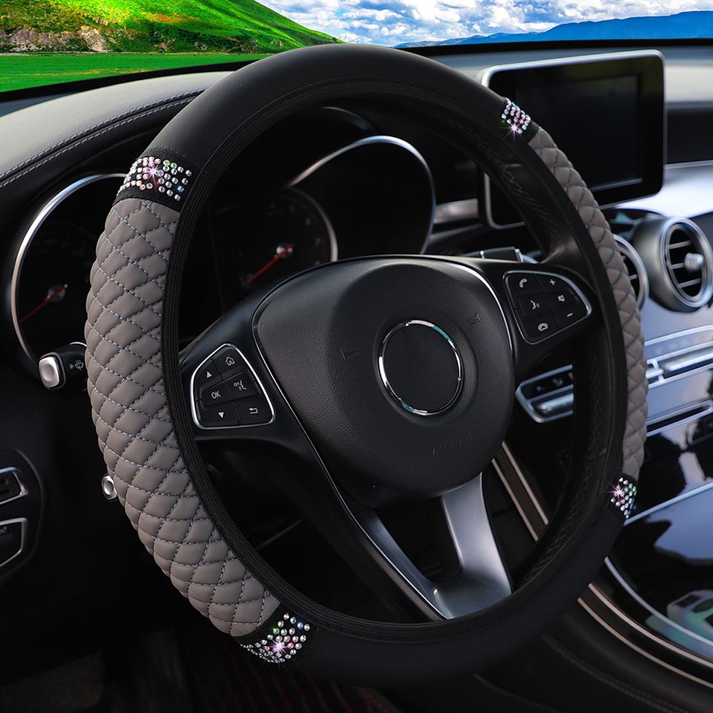 Car Pu Leather Steering Wheel Cover, 14.57-14.96inch Artificial Diamond, Steering Wheel Cover