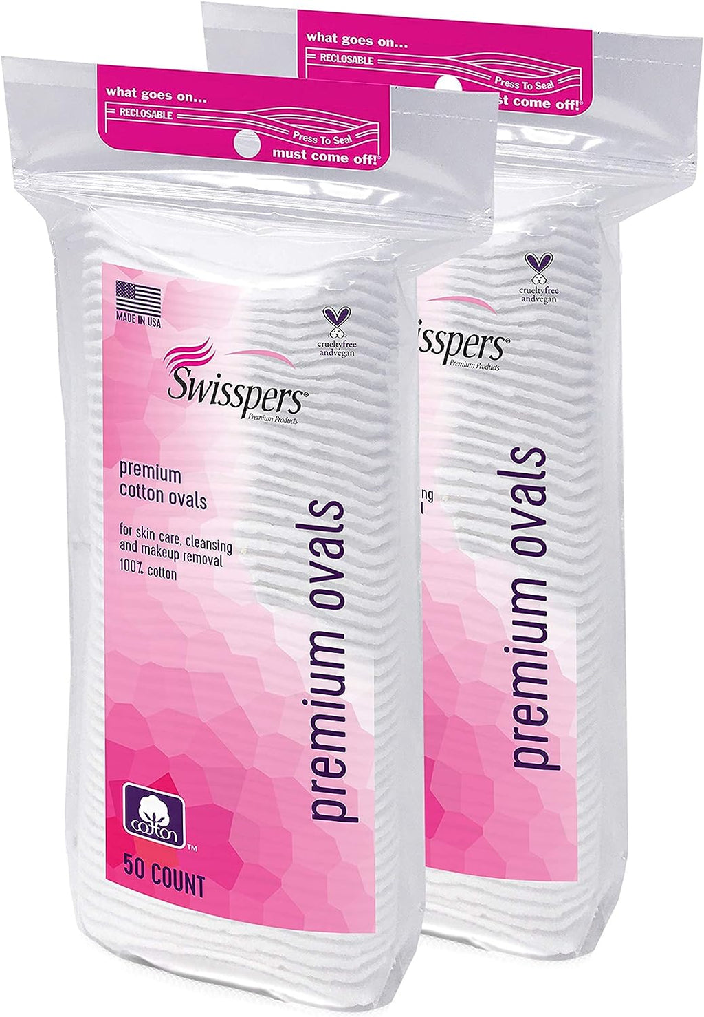 Swisspers Premium 100 Percent Cotton Ovals, Reclosable Bags, 50 Count Bags, 2 Pack (100 Count Total)