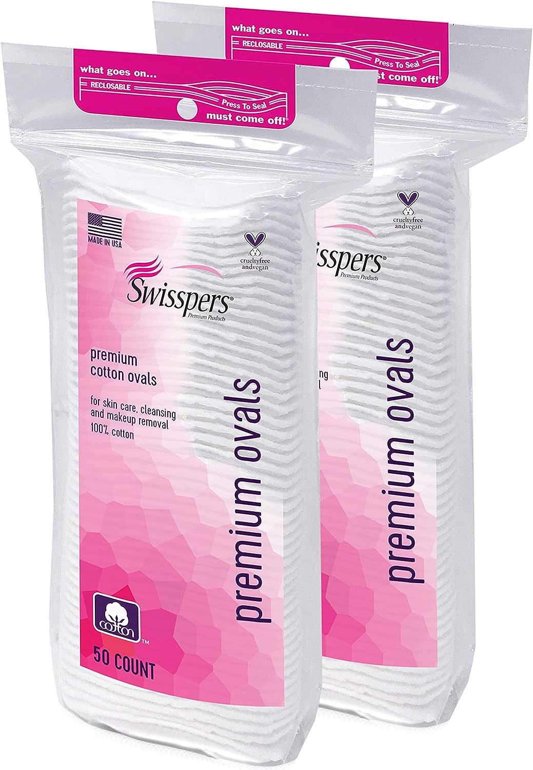 Swisspers Premium 100 Percent Cotton Ovals, Reclosable Bags, 50 Count Bags, 2 Pack (100 Count Total)