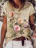Women Casual Rose Print Crew Neck T-shirt