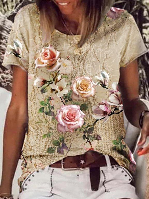 Women Casual Rose Print Crew Neck T-shirt