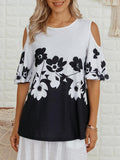 Womens Floral Print Round Neck Short-sleeved T-shirt
