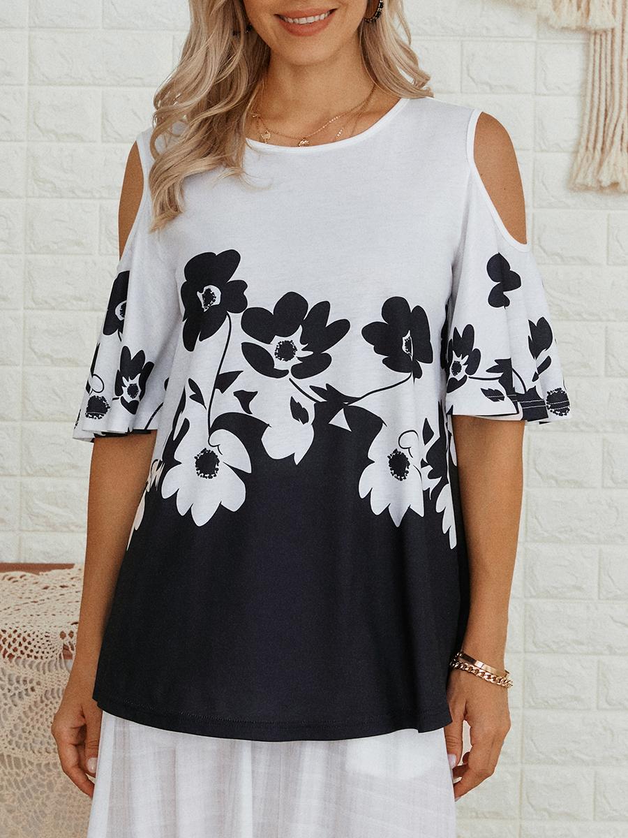 Womens Floral Print Round Neck Short-sleeved T-shirt