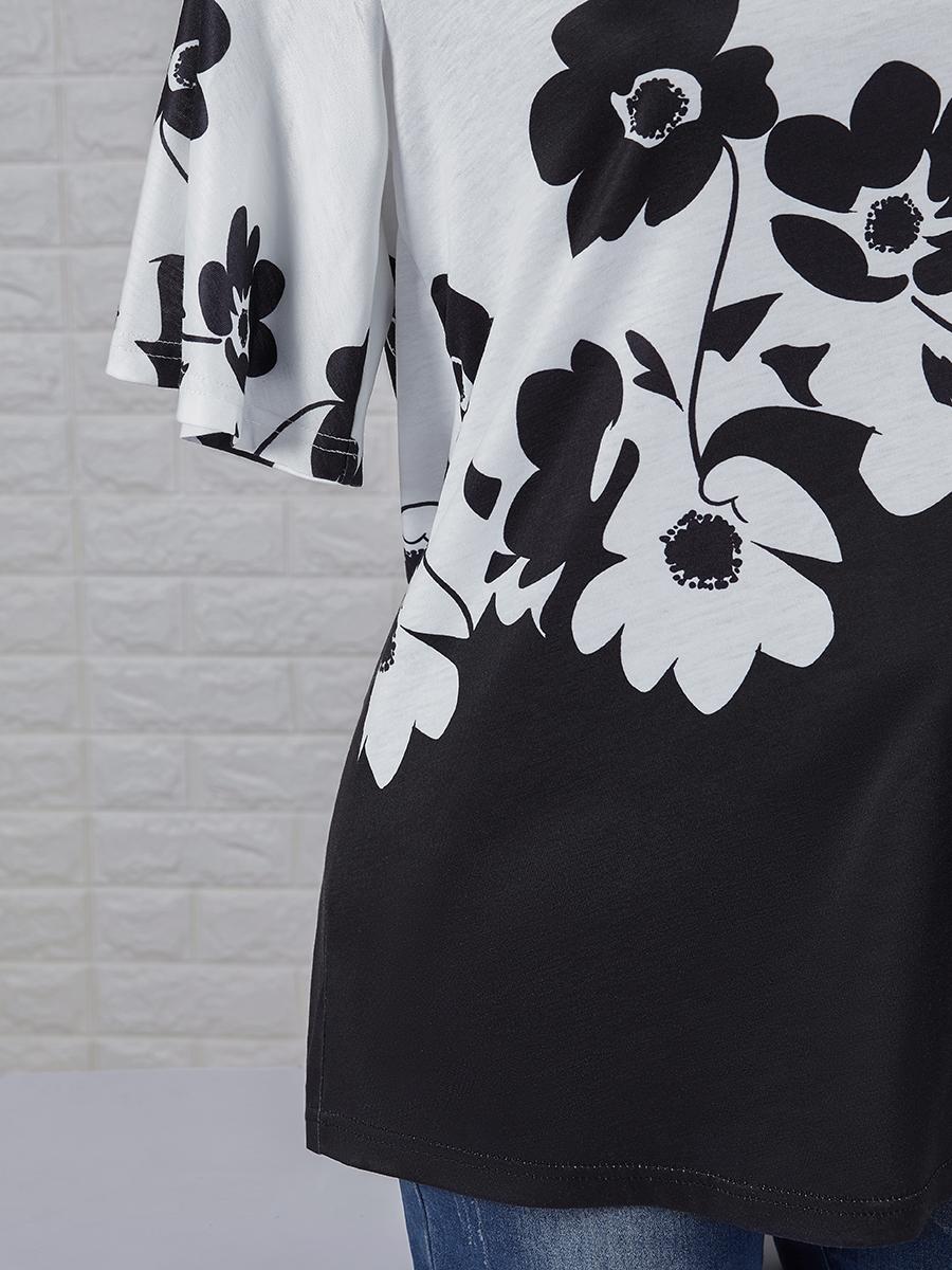 Womens Floral Print Round Neck Short-sleeved T-shirt