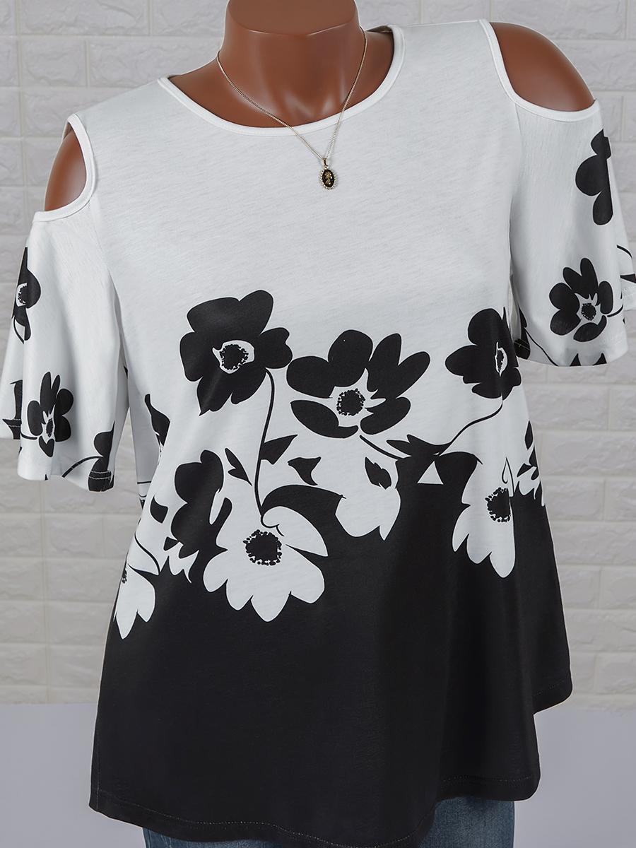 Womens Floral Print Round Neck Short-sleeved T-shirt
