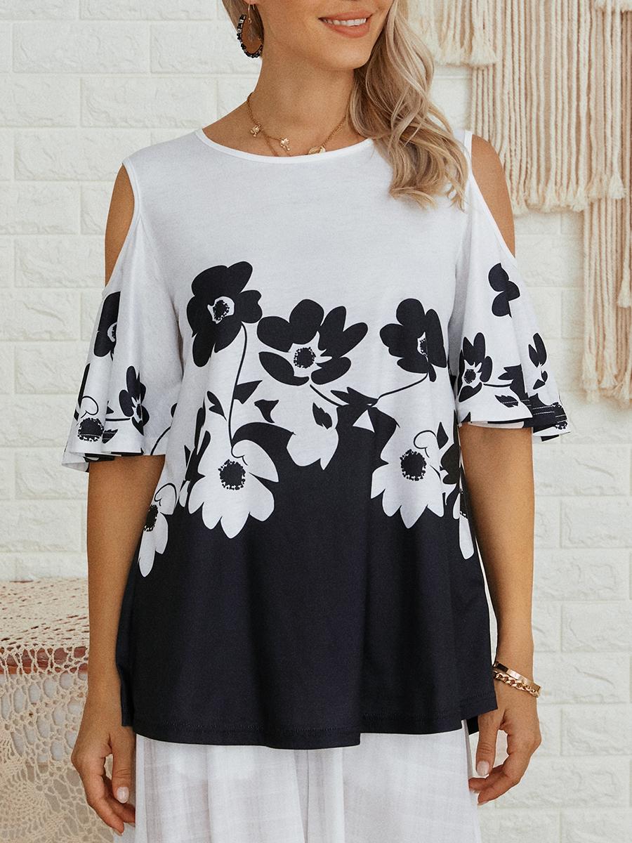 Womens Floral Print Round Neck Short-sleeved T-shirt