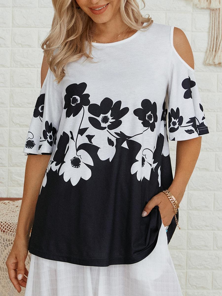 Womens Floral Print Round Neck Short-sleeved T-shirt