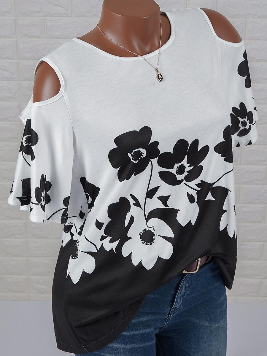 Womens Floral Print Round Neck Short-sleeved T-shirt