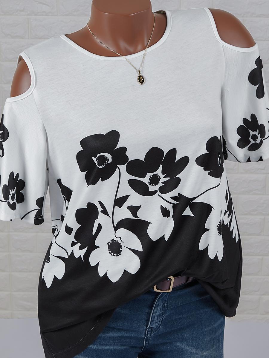Womens Floral Print Round Neck Short-sleeved T-shirt