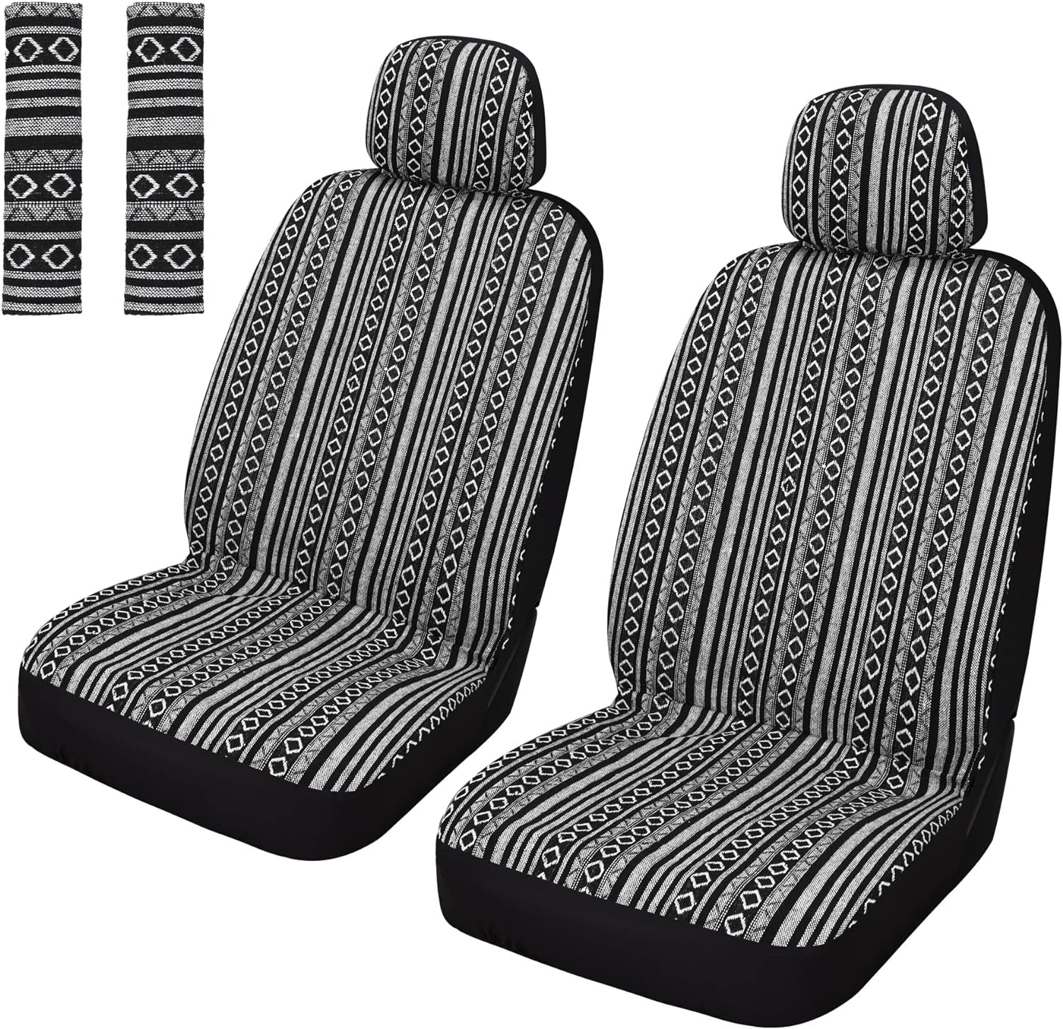 Pariitadin Baja Saddle Blanket Car Seat Covers Front Set with Seat Belt Pads, Washable Breathable Striped Woven Cloth Seat Covers for Cars, Universal Fit Most Cars, Airbag Compatible, Black/White