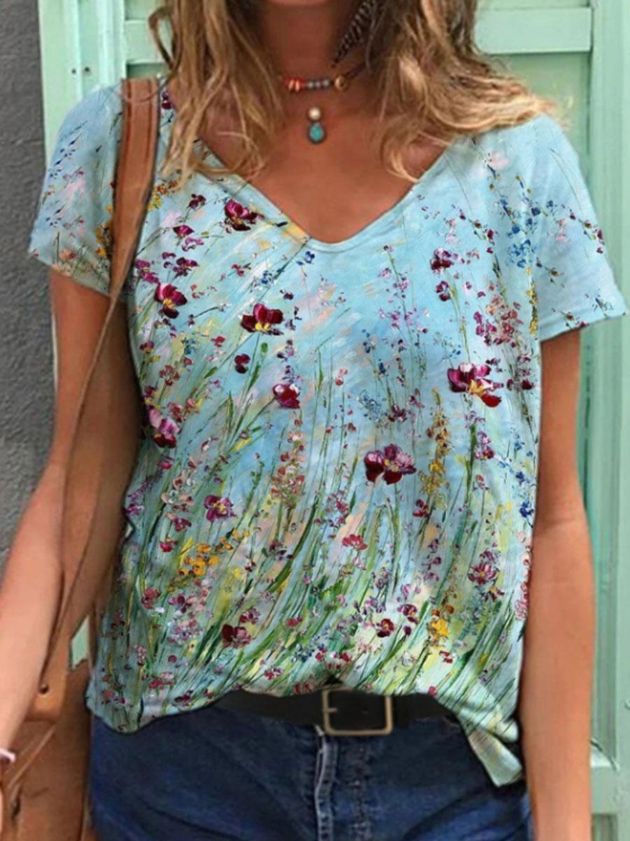V-neck Oil Painting Print Loose Casual Short-sleeved T-shirt