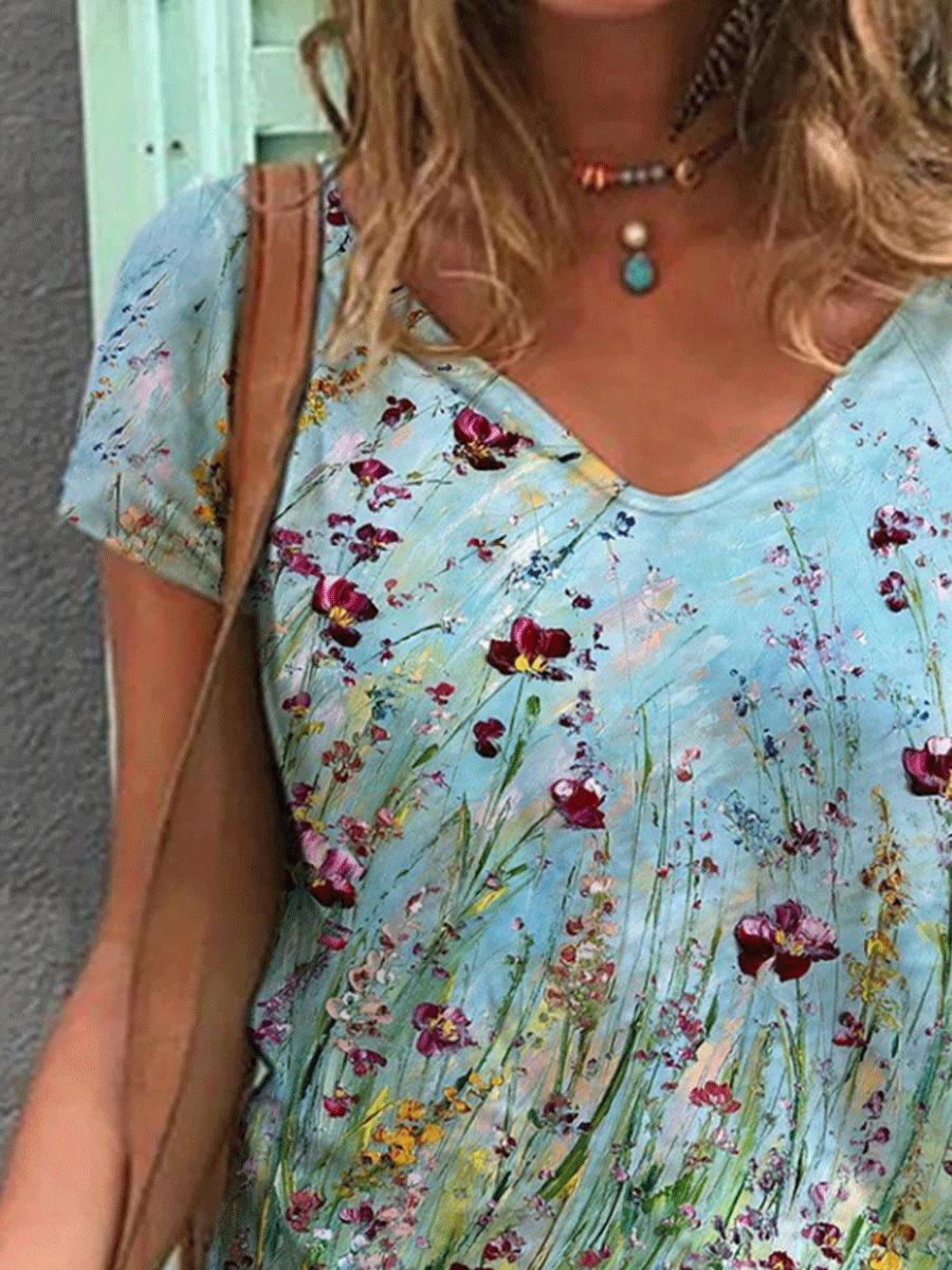 V-neck Oil Painting Print Loose Casual Short-sleeved T-shirt
