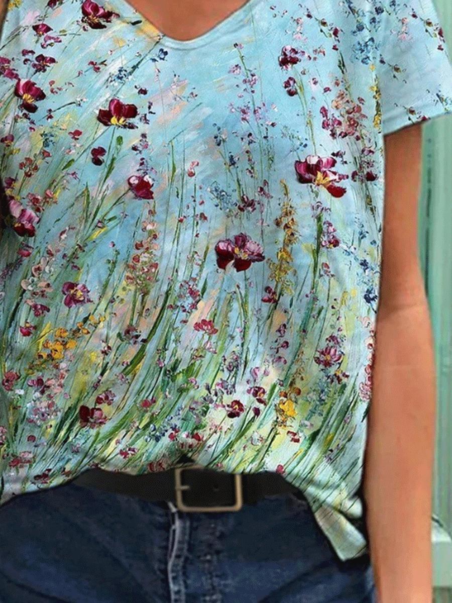 V-neck Oil Painting Print Loose Casual Short-sleeved T-shirt
