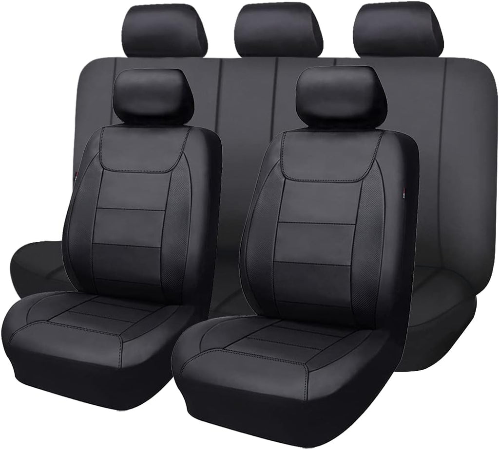 Flying Banner car seat Covers Protects Water Proof Faux Leather Carbon Fiber Front and Rear Bench (Black Black, Full Set - 9PCS)