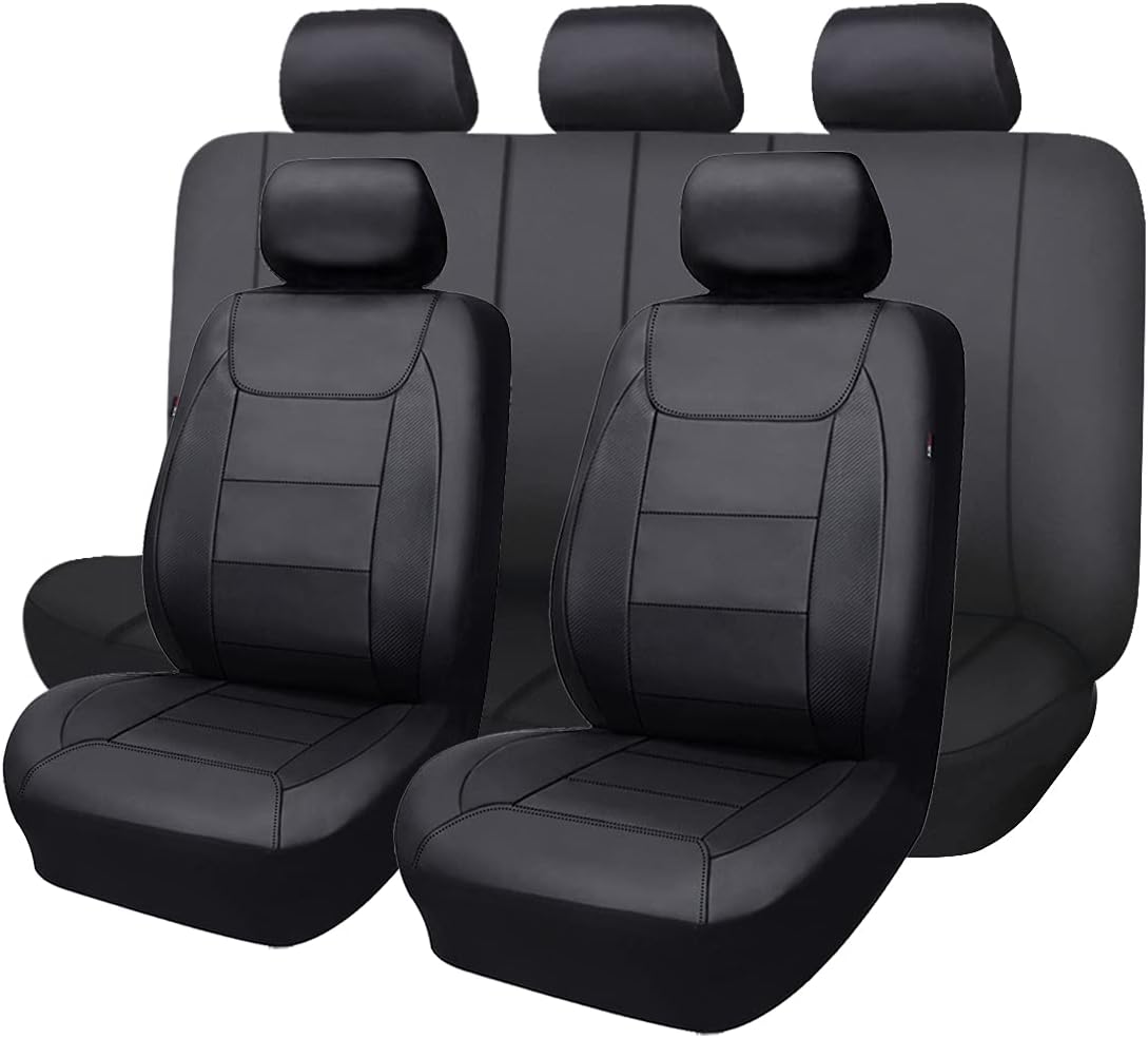 Flying Banner car seat Covers Protects Water Proof Faux Leather Carbon Fiber Front and Rear Bench (Black Black, Full Set - 9PCS)