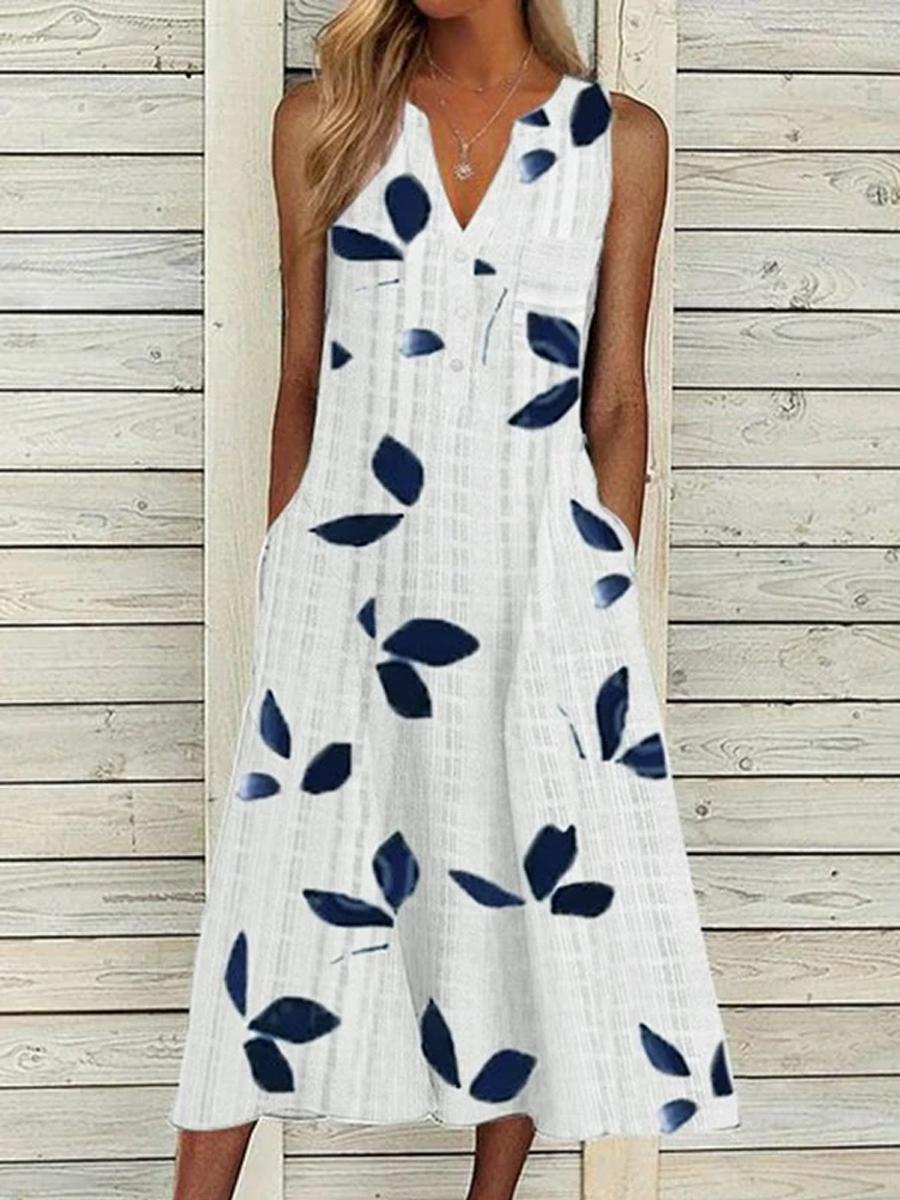 Ladies Casual Leaf Printed V-neck Maxi Dress