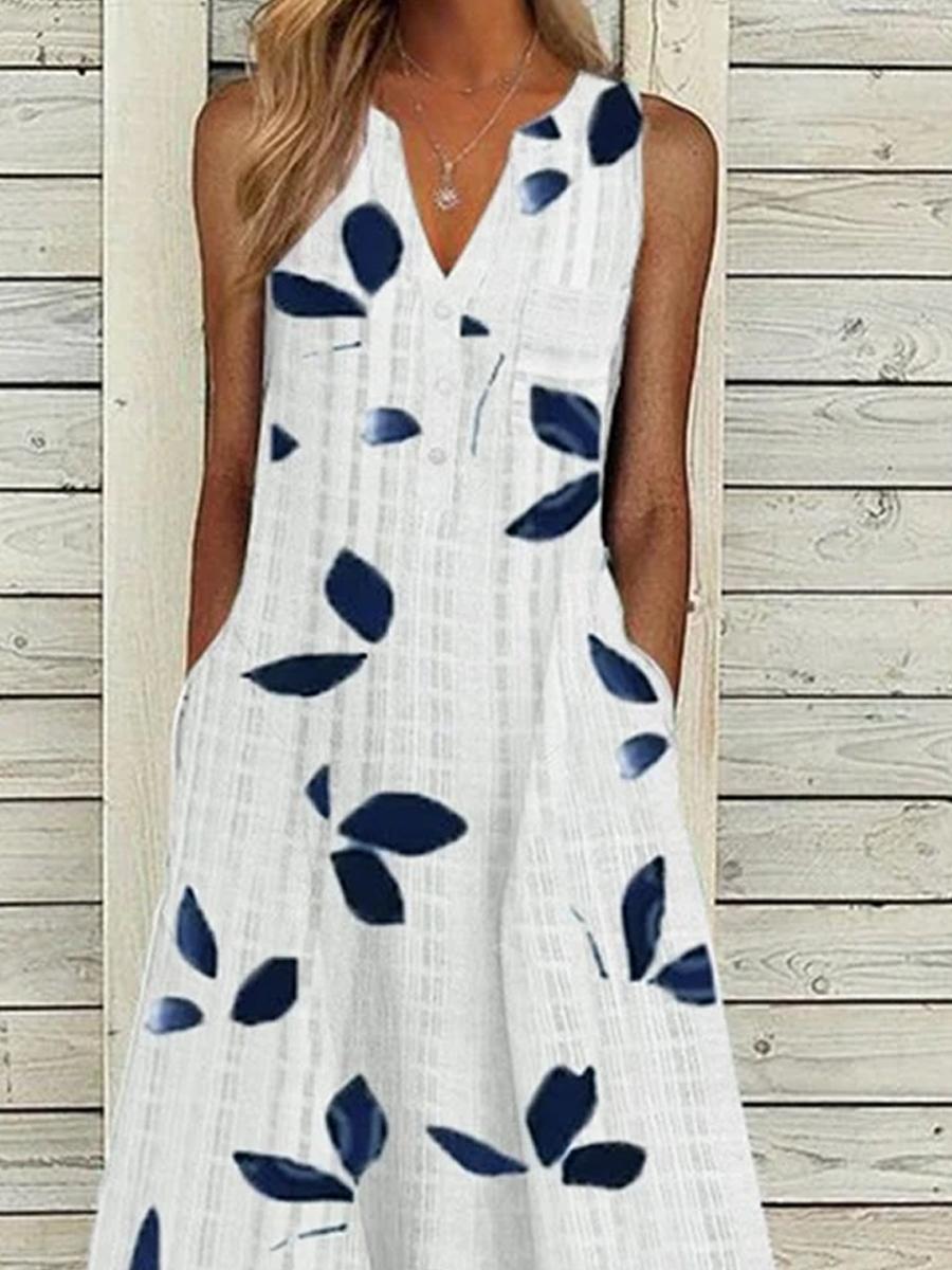 Ladies Casual Leaf Printed V-neck Maxi Dress