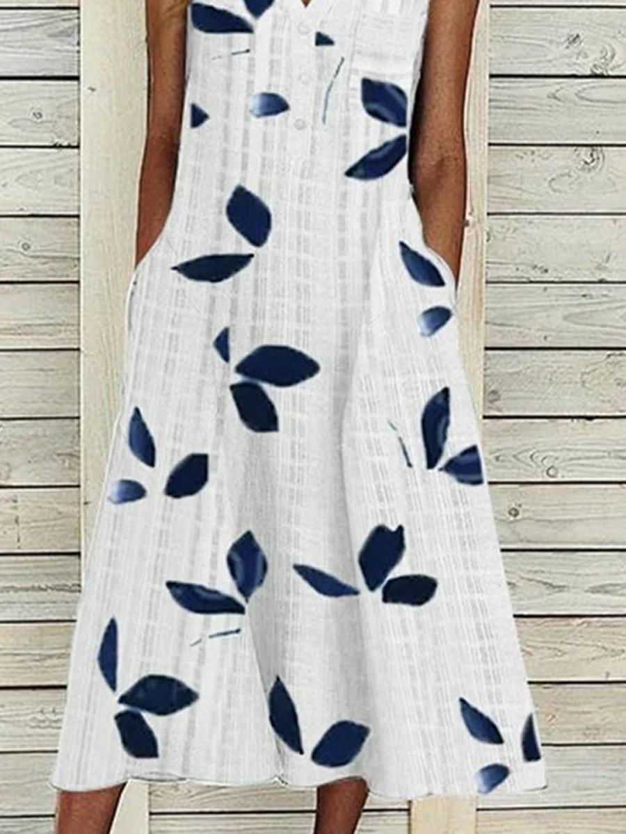 Ladies Casual Leaf Printed V-neck Maxi Dress