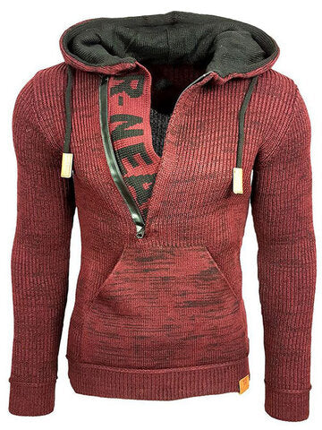 mens letter v-neck zip knit pullover casual drawstring hooded sweaters