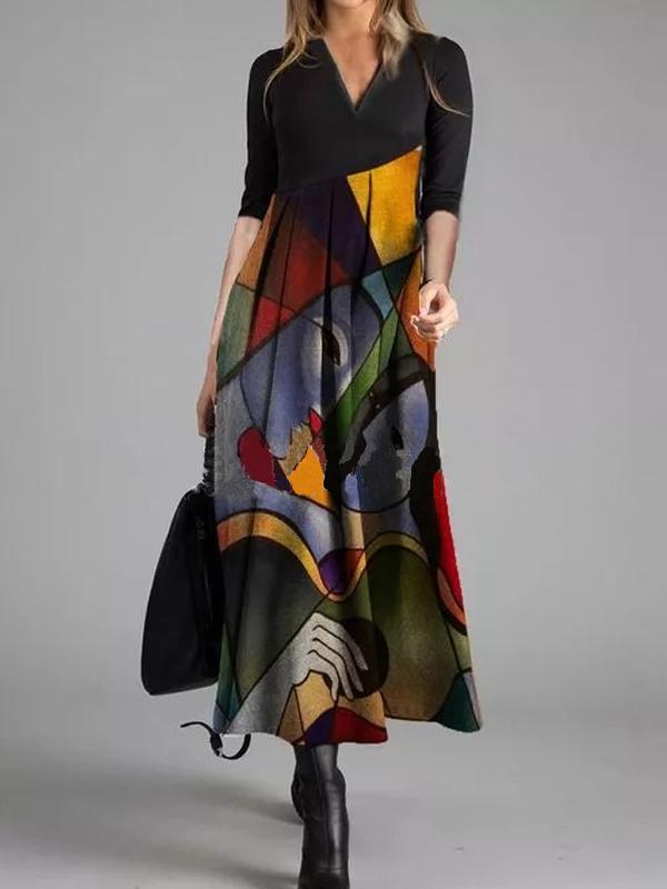 Retro Print Stitching V-neck Casual Dress