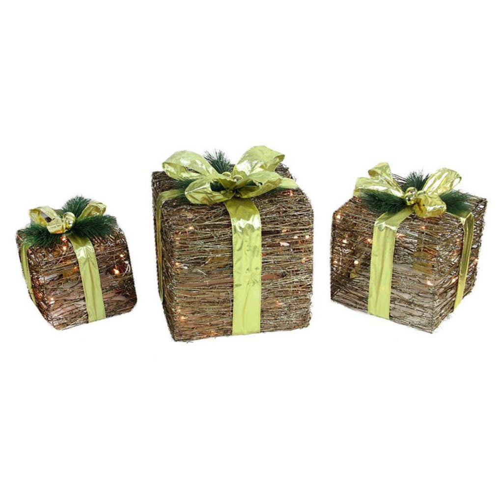Northlight 3 Piece Rattan and Glitter Gift Boxes Outdoor Light Display Set