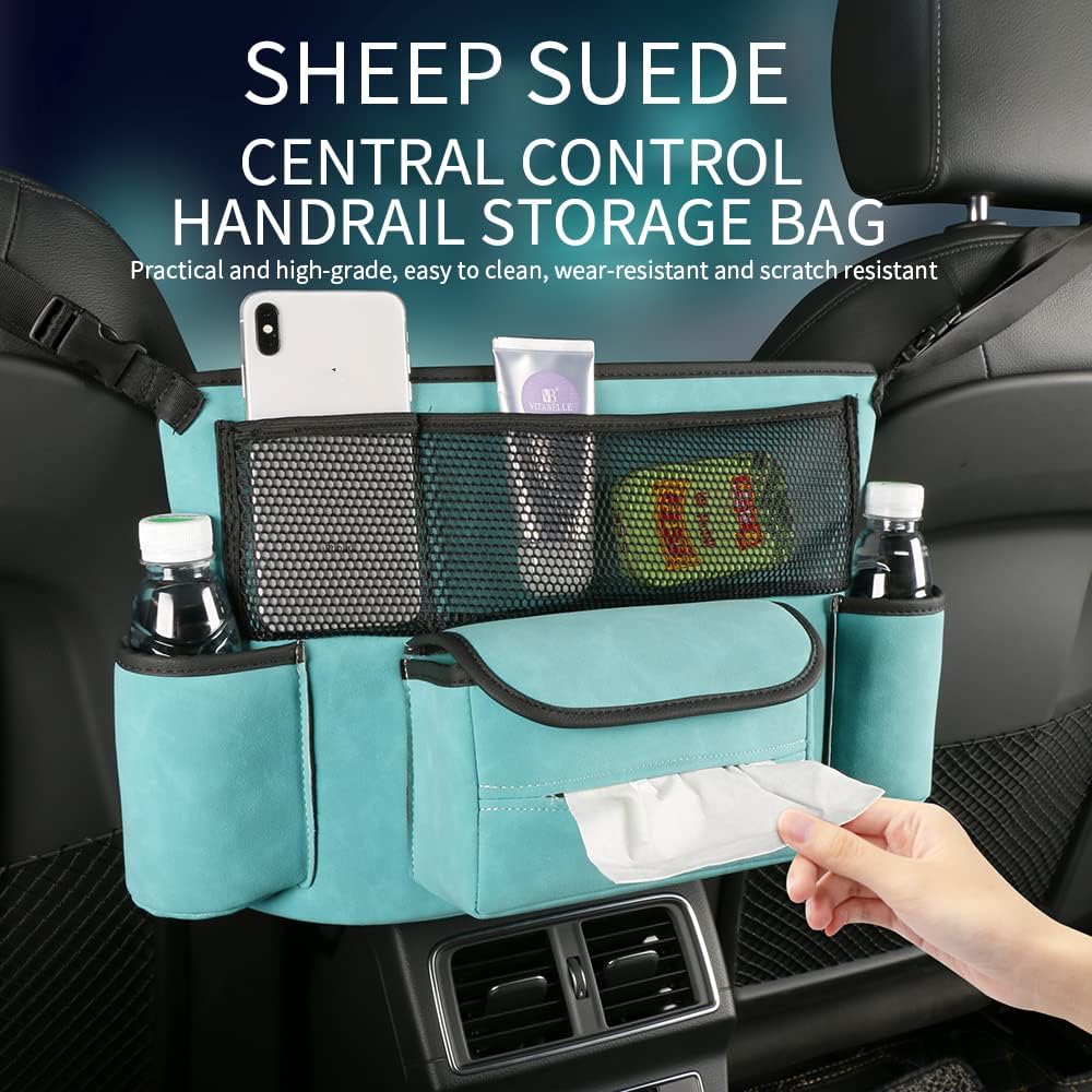 JEYODA Car Handbag Holder Between Seats Suede Large Capacity Car Purse Holder Automotive Consoles &amp; Organizers for Document Phone Storage Car Accessories Interior (1925-style 2 blue)