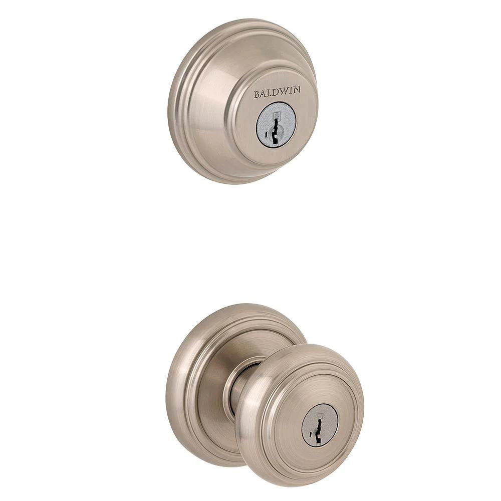 PrestiAlcott Satin Nickel Exterior Entry Knob and Single Cylinder Deadbolt Combo Pack Featuring SmartKey Security