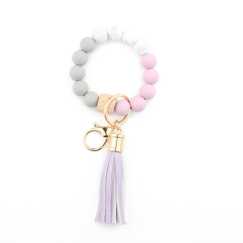 Silicone Beaded Bracelet Keychain, Key Ring Bangle Wristlet Keychain With Faux Leather Tassel For Women/Girls