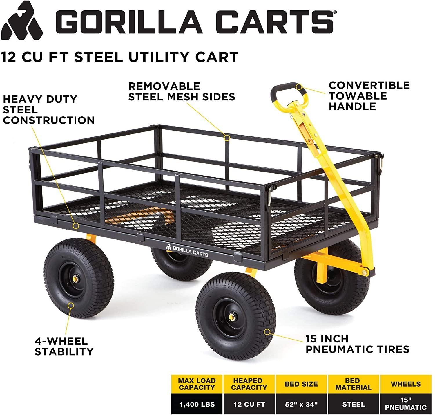 Gorilla Carts GOR1400-COM Heavy-Duty Steel Utility Cart with Removable Sides and 15" Tires, 1400-lbs. Capacity, Black